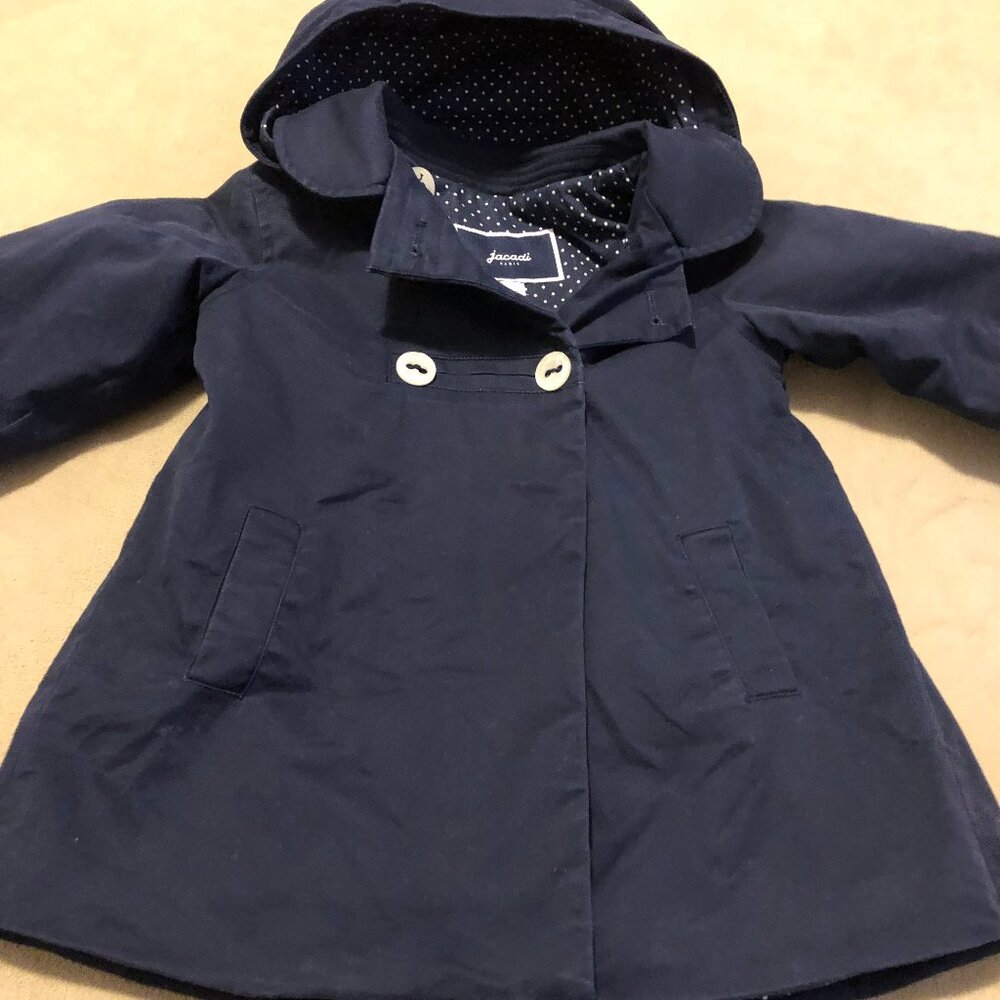 Jacadi Paris Girls Navy Blue Lining Coat/Jacket w/Hood Size 36M 96 sm. US 3T